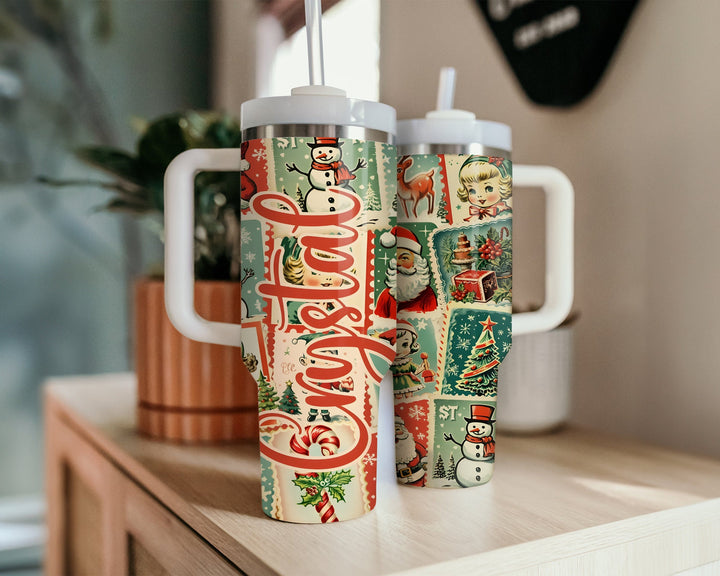 Personalized Christmas 40oz Tumbler Cup, Retro Christmas Tumbler, Cute Christmas Travel Coffee Mug, Vintage Stamp Christmas Travel Cup