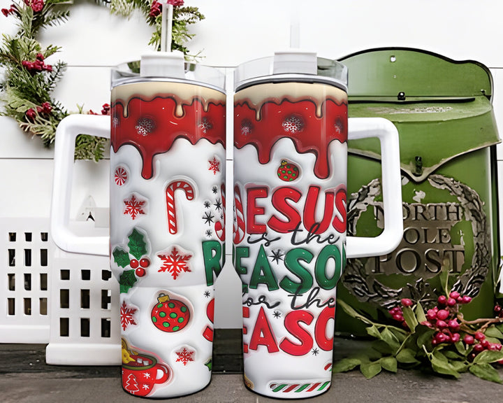 Christmas Cake 40oz Tumbler, Jesus is the Reason Tumbler Design, Leopard Puffy, Merry Christmas Inflated Tumbler.