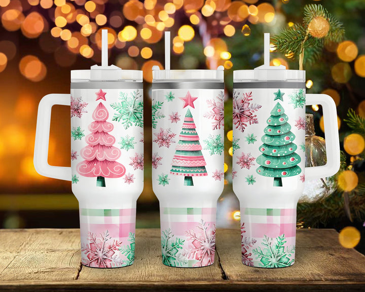 Christmas tree tumbler40oz tumbler,  Pink green snowflakes Winter Tumbler, Christmas Snowman tumbler, Merry Christmas Gift, Holiday Tumbler