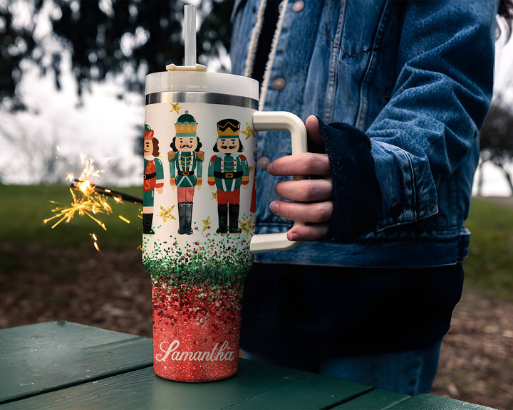 Personalized Nutcracker Christmas 40oz Tumbler With Name, Custom Nutcracker Tumbler Cup, Christmas Glitter Travel Mug, Holiday Tumbler Gift.