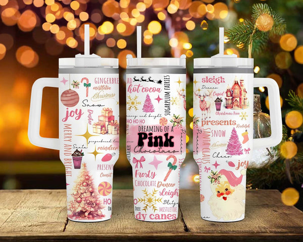 Retro Holiday Pink Christmas Tumble, Retro Santa Christmas Cup, Christmas Family Trip Cup, Stainless Steel Tumbler with Straw