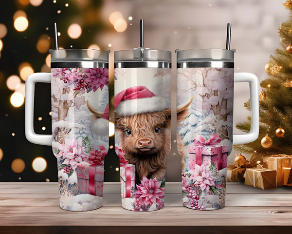 Pink Christmas Highland Cow Tumbler 40oz, Retro Holiday Pink Christmas Tumble, Christmas Family Trip Cup, Stainless Steel Tumbler with Straw