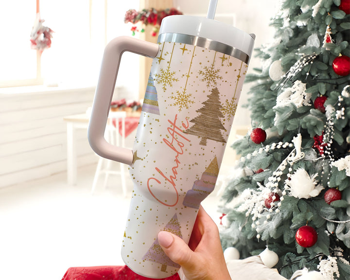 Personalized Christmas Tree Tumbler With Name 40oz Tumbler, Custom Pink Christmas Cup,Glitter Tree Travel Mug, Cute Christmas Gift For Women