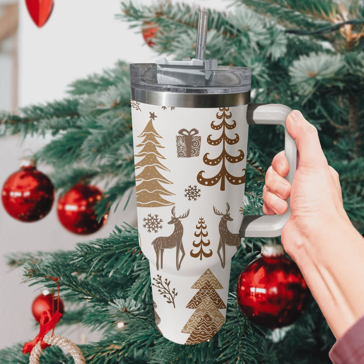 Reindeer and Pine Tree Tumbler 40oz With Handle, Daily 40oz Tumbler, Santa 40oz Stainless Steel Tumbler With Lid and Straw, Holiday Tumbler