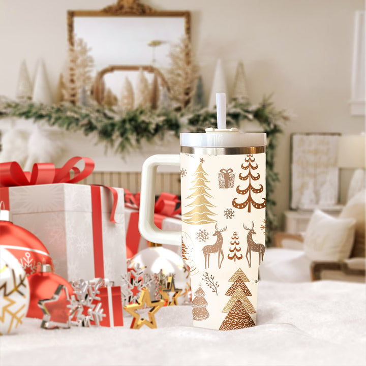 Reindeer and Pine Tree Tumbler 40oz With Handle, Daily 40oz Tumbler, Santa 40oz Stainless Steel Tumbler With Lid and Straw, Holiday Tumbler