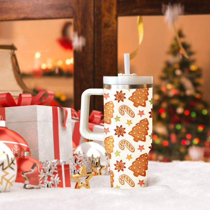 Gingerbread Pine Tree and Candy Cookies  Tumbler 40oz With Handle, 40oz Stainless Steel Tumbler With Lid and Straw, Holiday Tumbler