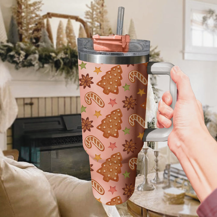 Gingerbread Pine Tree and Candy Cookies  Tumbler 40oz With Handle, 40oz Stainless Steel Tumbler With Lid and Straw, Holiday Tumbler