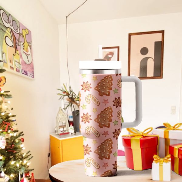 Gingerbread Pine Tree and Candy Cookies  Tumbler 40oz With Handle, 40oz Stainless Steel Tumbler With Lid and Straw, Holiday Tumbler