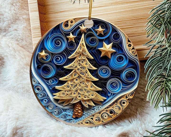 Spectacular Navy and Gold 3D look Non-Textured Christmas Tree Origami Ornaments, Two-Sided Acrylic Ornament, Christmas Decoration, Xmas Gift
