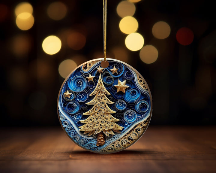Spectacular Navy and Gold 3D look Non-Textured Christmas Tree Origami Ornaments, Two-Sided Acrylic Ornament, Christmas Decoration, Xmas Gift