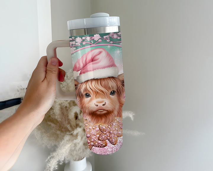 Pink Christmas Highland Cow 40oz Tumbler, Gingerbread Cookies Tumbler, Christmas 40oz Stainless Steel Tumbler, Festive Drinkware.