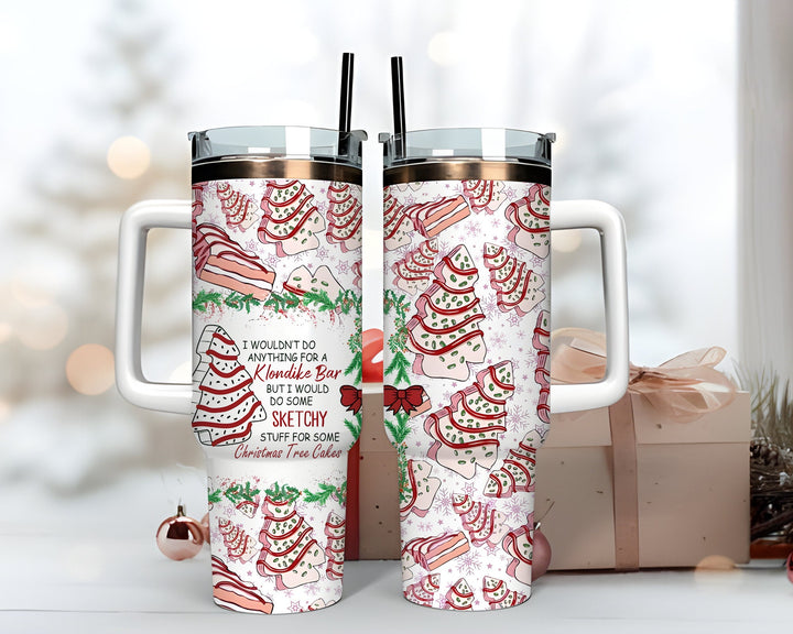 Sketchy Christmas Tree Cakes 40oz Tumbler, Pink Christmas Tree Tumbler, Pastel Christmas 40oz Stainless Steel Tumbler With Lid and Straw.