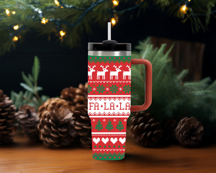 Merry Christmas Tree 40oz Tumbler With Fa La La, Custom Christmas Cup, Holiday Travel Mug Gift For Her, Vintage Christmas Hand Drawn Cup.