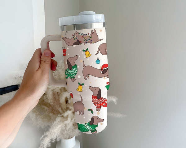 Cute Dachshund Christmas 40oz Tumbler, Dog Christmas Tumbler, Funny Dog Tumbler with Lid and Straw, Christmas Cup Holiday Gifts for Dog Mom