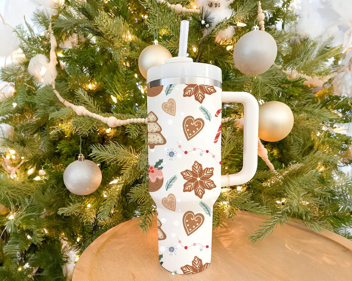 Cute Christmas Gingerbread Man House Candy Cane 40oz Tumbler Wrap Stainless Steel With Handle & Straw, Xmas Family Gifts, Winter Season Vibe