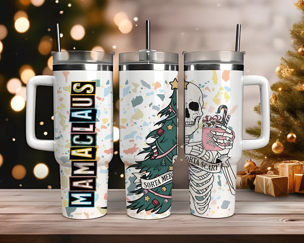 Mama Claus Christmas Tumbler, Merry Christmas 40oz Cup, Skull Christmas Tumbler, Christmas 40oz Stainless Steel Tumbler With Lid and Straw.