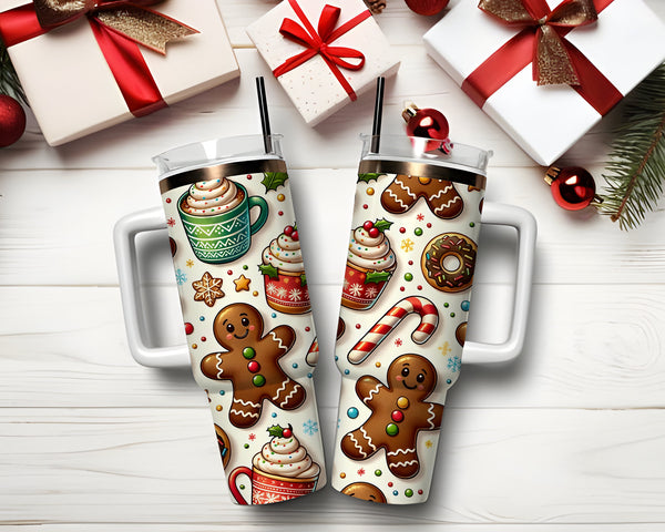 Gingerbread Man and Donuts Tumbler 40oz With Handle, Christmas Cakes Tumbler, Christmas Cookies Stainless Steel Tumbler, Gift for Christmas.