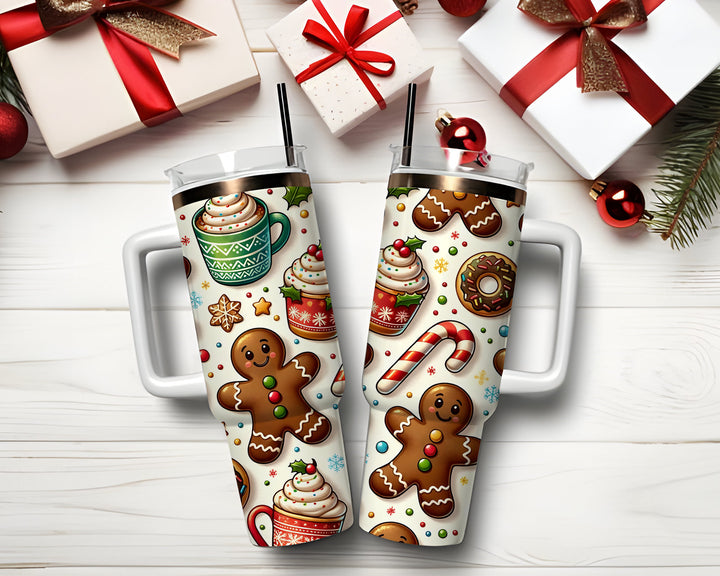 Gingerbread Man and Donuts Tumbler 40oz With Handle, Christmas Cakes Tumbler, Christmas Cookies Stainless Steel Tumbler, Gift for Christmas.