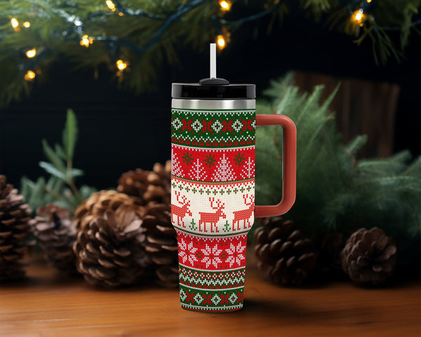 Merry Christmas Tree 40oz Tumbler With Reindeer, Custom Christmas Cup, Holiday Travel Mug Gift For Her, Vintage Christmas Hand Drawn Cup.