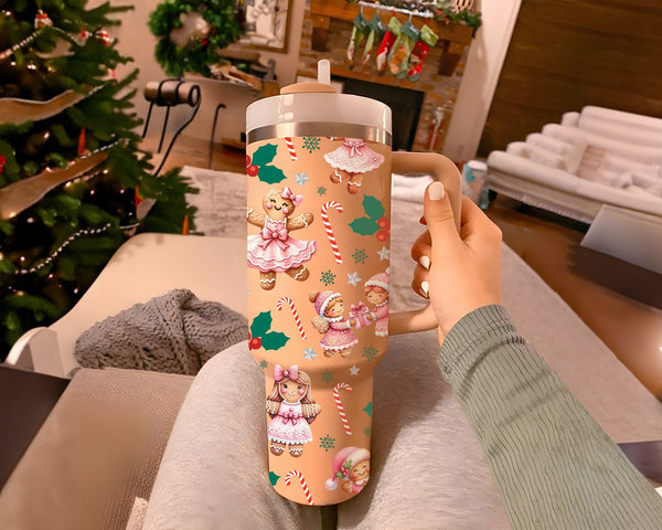 Christmas Cookie Gingerbread Girl Tumbler 40oz With Handle, Pink Cookie Festive Tumbler, Christmas Cookies Stainless Steel Tumbler.