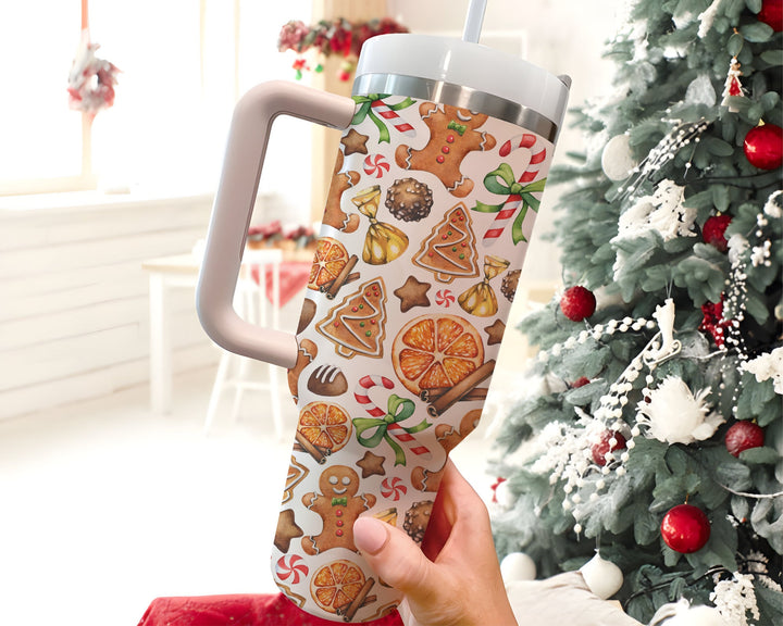 Gingerbread Man and Lemon Tumbler 40oz With Handle, Christmas Cakes Tumbler, Christmas Cookies Stainless Steel Tumbler, Gift for Christmas.