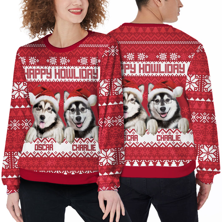 Personalized Ugly Christmas Sweater - Perfect Design Your Own Sweater, Happy Howliday Ugly Sweater Red Color, Perfect Gift For Dog Lovers, Friend, Family